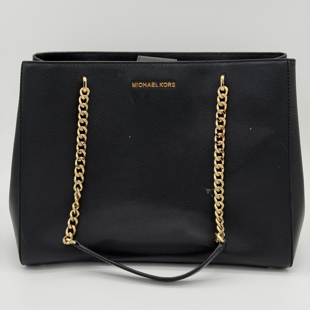 Michael Kors Ellis Large Black Leather Gold‎ Chain Shoulder Tote Bag Purse